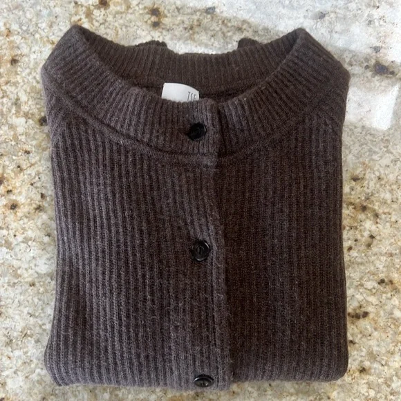 TSE RIBBED MID-SLEEVE 100% CASHMERE BALLOON SLEEVE ROUND COLLAR BUTTON SWEATER